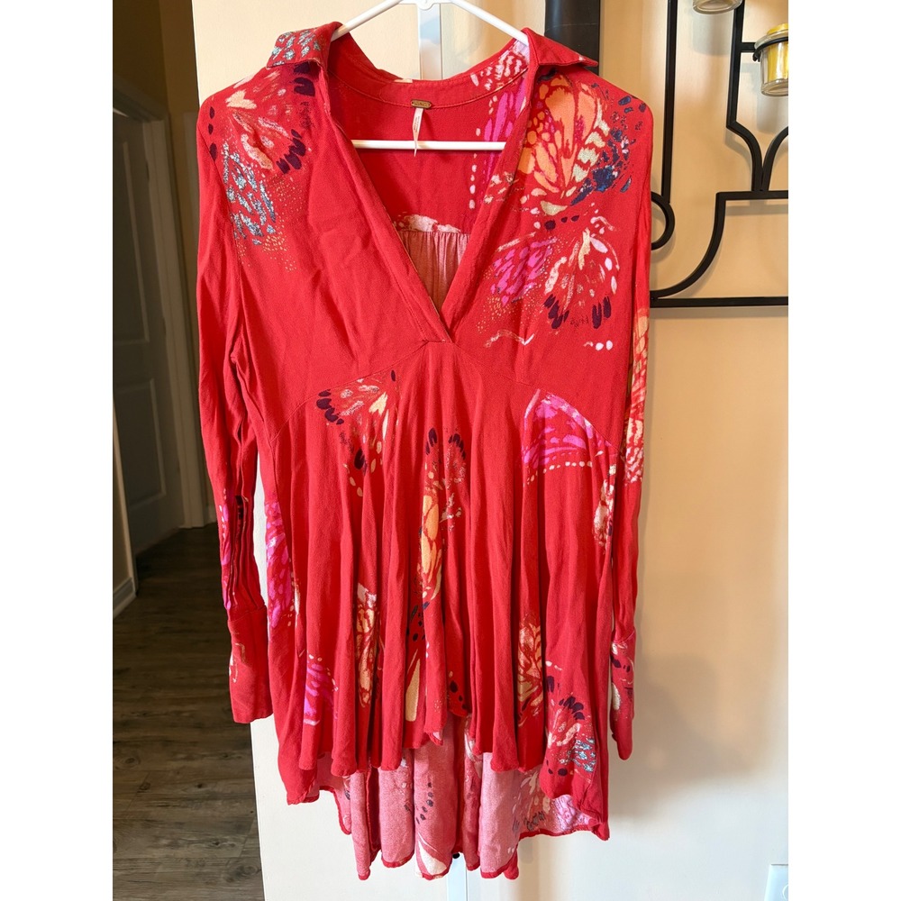Free People Red Butterfly Print V-Neck High Low Tunic Top Small